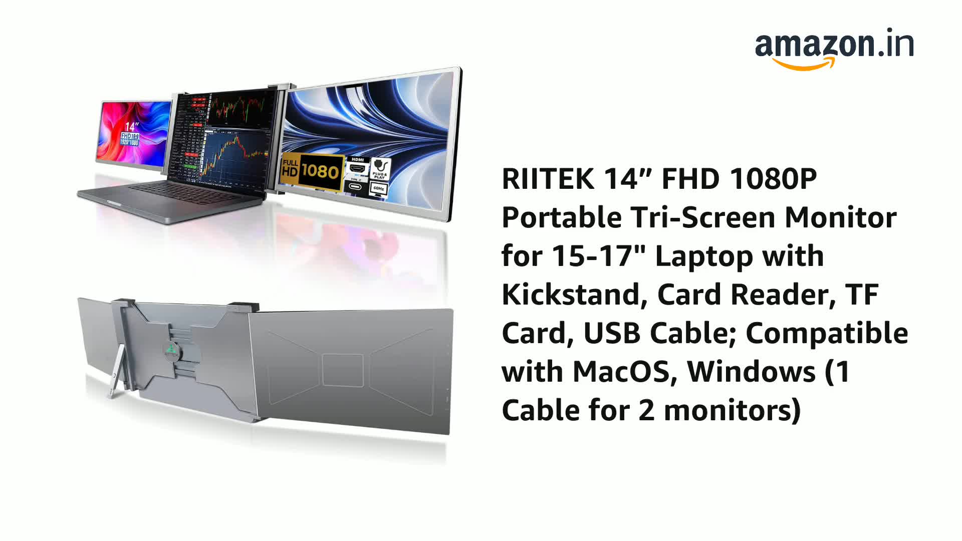 RIITEK 14” FHD 1080P Portable Tri-Screen Monitor for 15-17