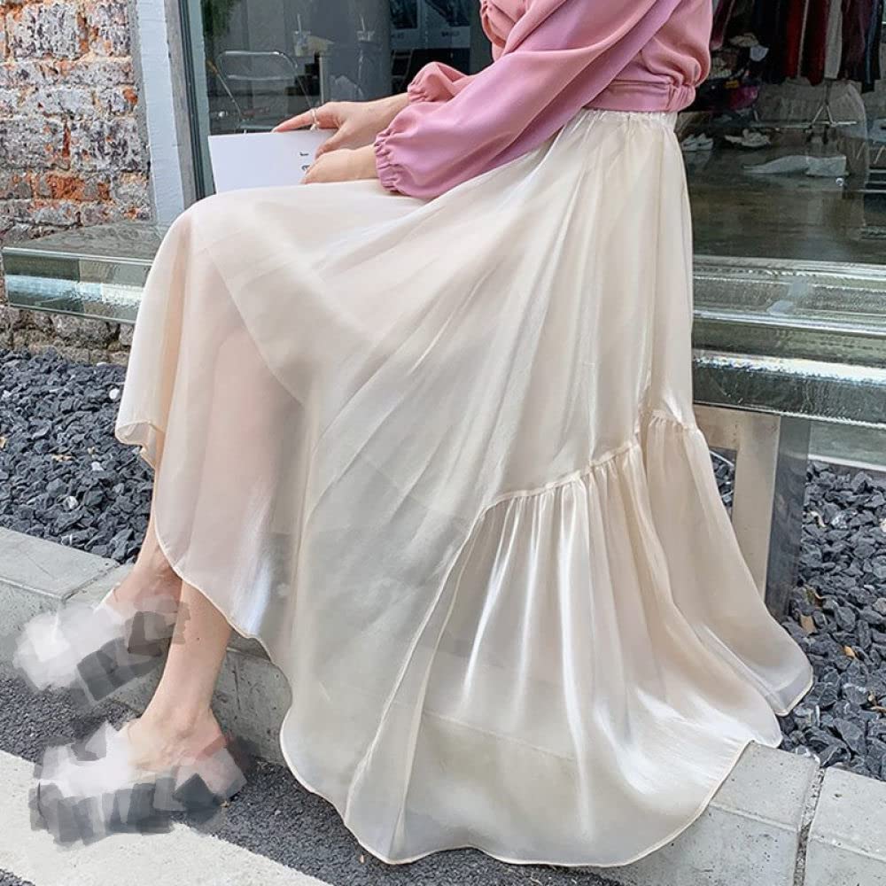 OZEO Röcke,Damen-Midirock Beige Elastische Hohe Taille Unregelmäßiger Glänzender Plissee-Tüllrock Elegante A-Linie Geraffte Geschichtete Lange Röcke Für Mädchen Damen Frühling Herbst,L