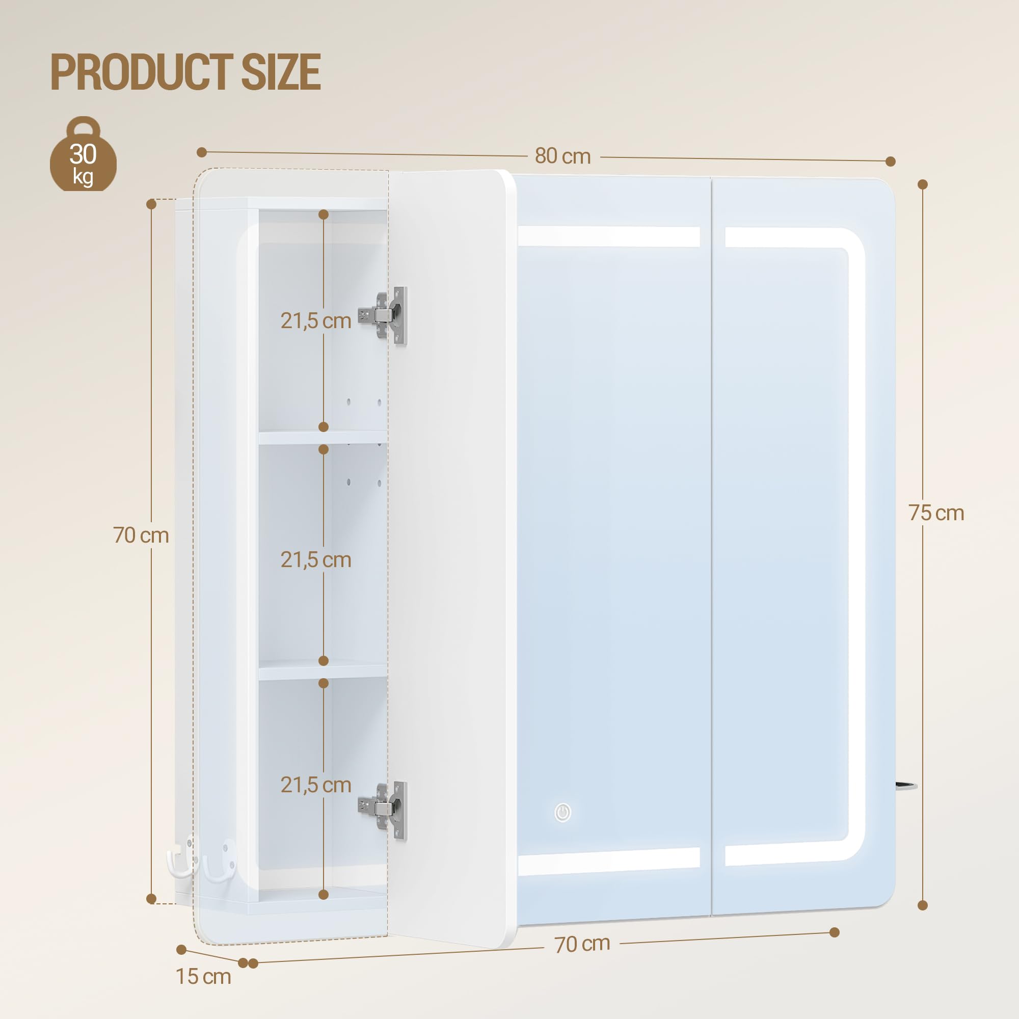 Hzuaneri Szafka z lustrem z oświetleniem, 3 kolory światła, łazienkowe z LED-lustrem, sterowanie ekranem dotykowym 16,5 x 75 x 80 cm biała MC30003XEU
