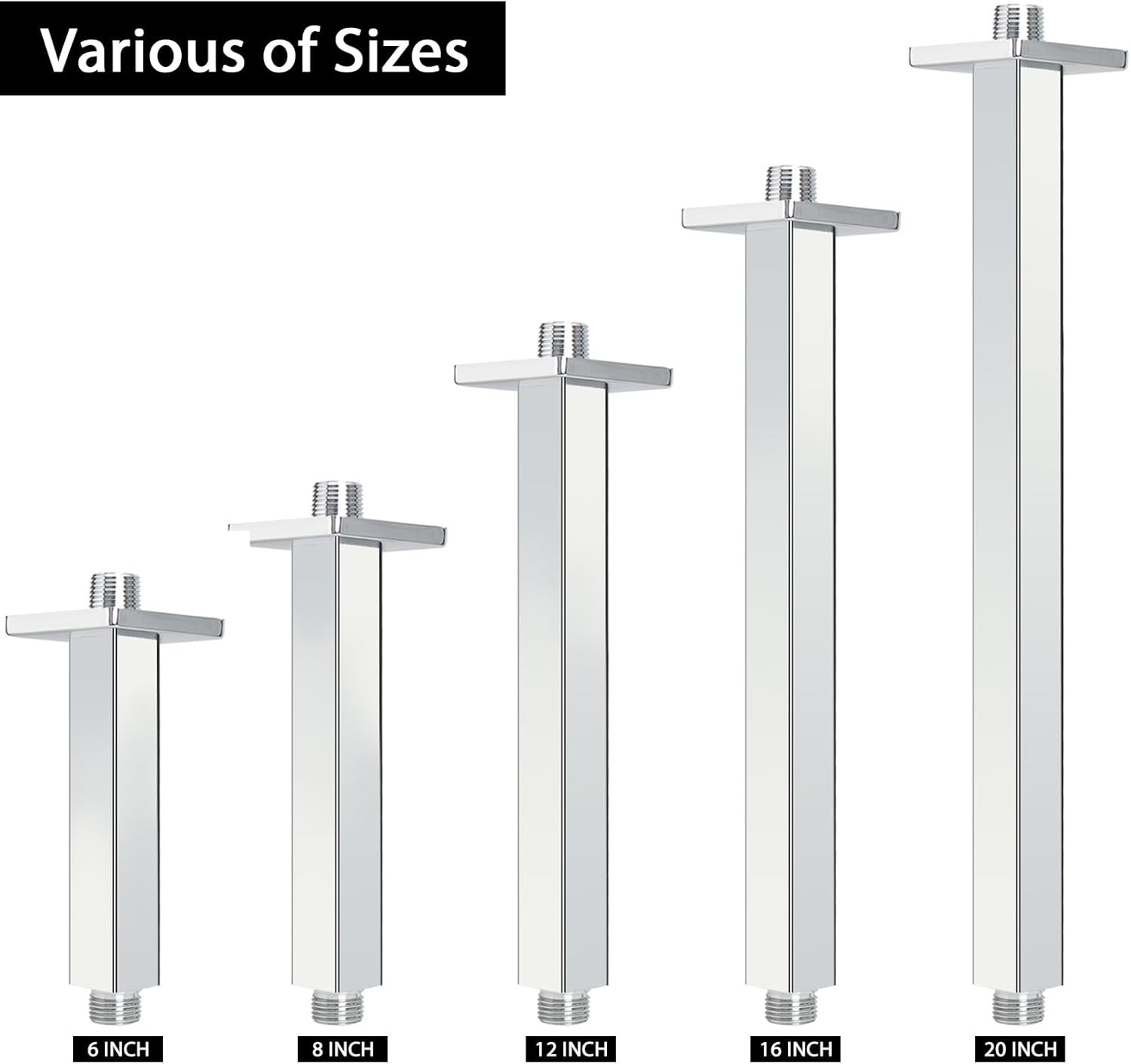 NearMoon Ceiling Mounted Shower Arm with Flange, Universal Connection 1/2 NPT Straight Square Shower Arm for Fixed Rain Shower Head, Made of Thicken Stainless Steel (20 Inch, Chrome)