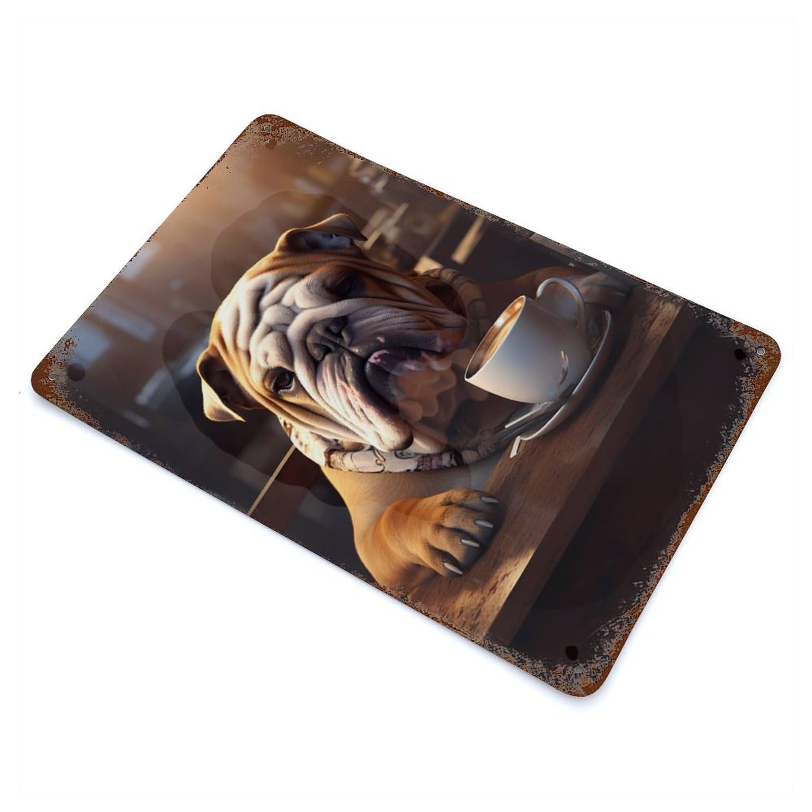 Bulldog Coffee Cute Dog Rust Effect Tin Sign 11.8"x7.9", Novelty Wall Decor for Garage, Pub Or Kitchen