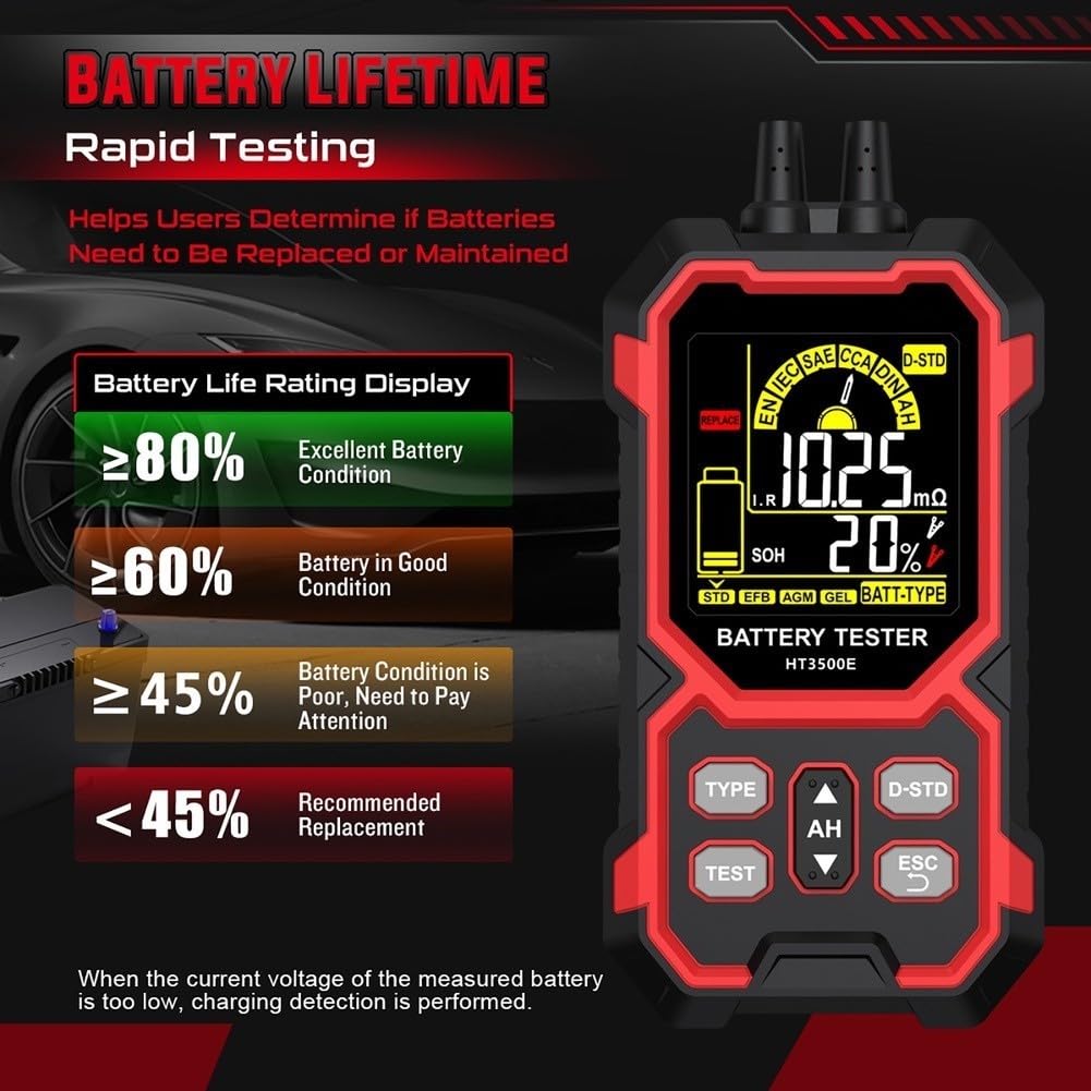 Tester per batteria auto 12V 24V display LCD per cca test auto tester batteria | Misura CCA, SOC, tensione, resistenza interna; ideale per auto, camion, moto, camper