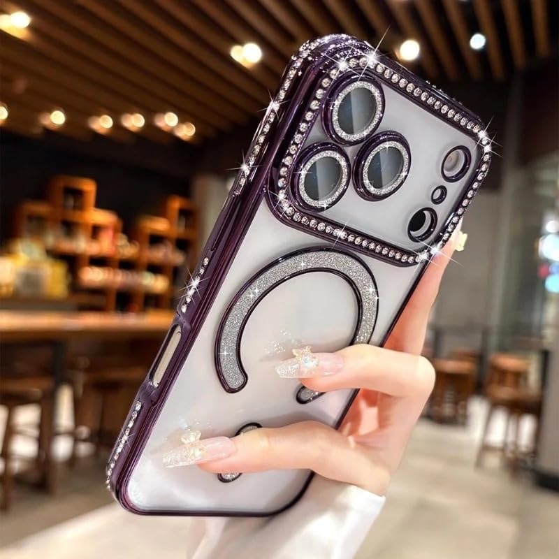 Image of for iPhone 17 Pro Max Magnetic Glitter Case,Luxury Bling Rhinestone Diamond Plated Bumper Case Sparkle Camera Lens Protection Clear Cover for iPhone 17 Pro Max (Purple)