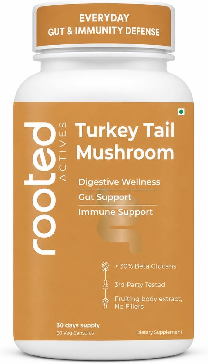 Rooted Turkey Tail mushroom Extract Capsules (60 Veg Caps, 500 mg) | Heart health, Stress Relief, Liver. USDA Organic, 30% Beta Glucans, Certified organic