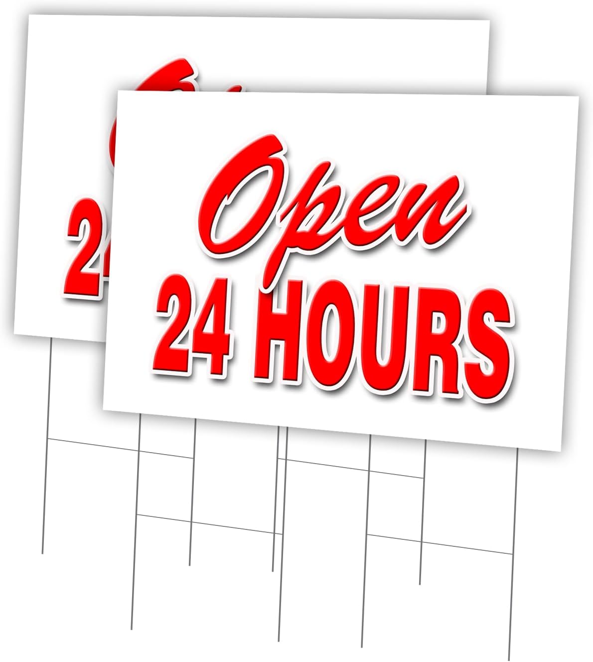 Open 24 Hours 2 Pack Of 24" x 36" Yard Sign & Stake | Advertise Your Business | Stake Included Image On Front Only | Made in The USA
