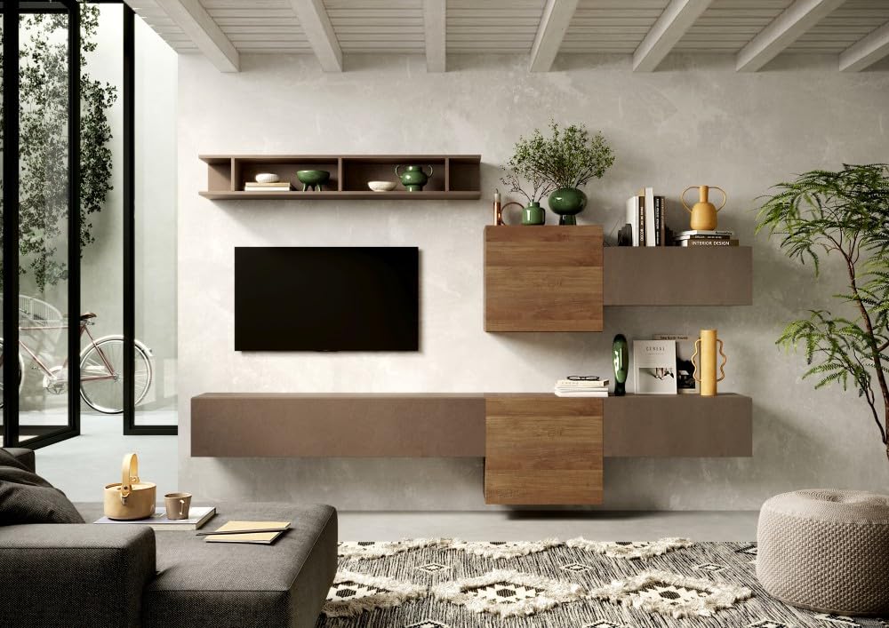 ARREDO DA CASA Parete Attrezzata Moderna 262x185 cm Dotata di Pensili a Cubo Mobile Porta TV con Anta Vasistas e Mensola Arredamento Soggiorno Bronzo e Noce PAL30