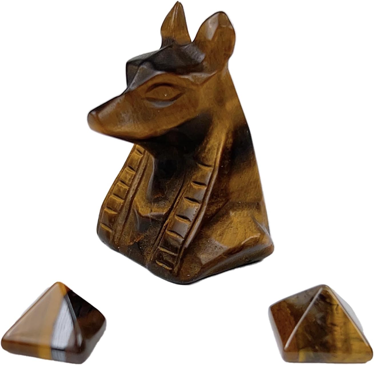 Anubis Statue with Pyramids Tigers Eye Crystal, Egyptian Guardian Mythological