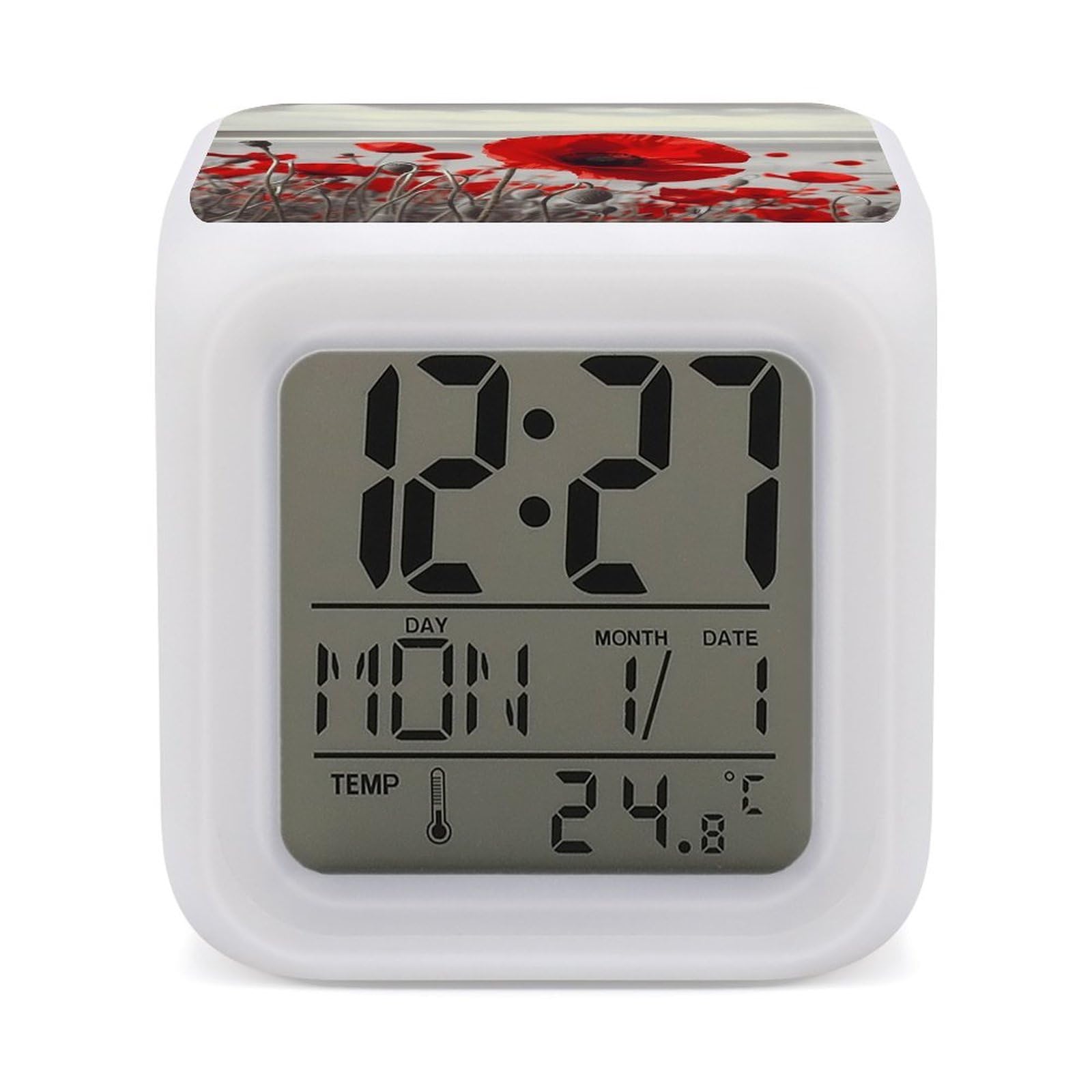 VstaDank Red Poppy Flower Digital Alarm Clock LED Display Screen Color Change Alarms Clock Smart Alarm Clock Wake Up Digital Clocks with 7 Color Nightlight for Bedroom