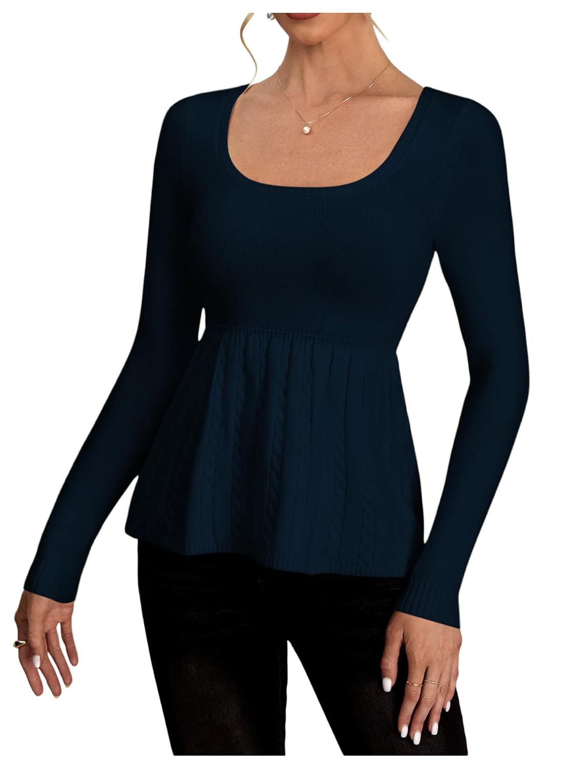 Womens Scoop Neck Peplum Sweater Long Sleeve Cable Knit Dressy Casual Pullover Tops