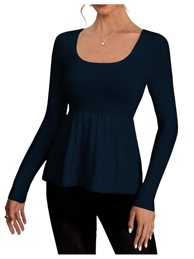 Womens Scoop Neck Peplum Sweater Long Sleeve Cable Knit Dressy Casual Pullover Tops