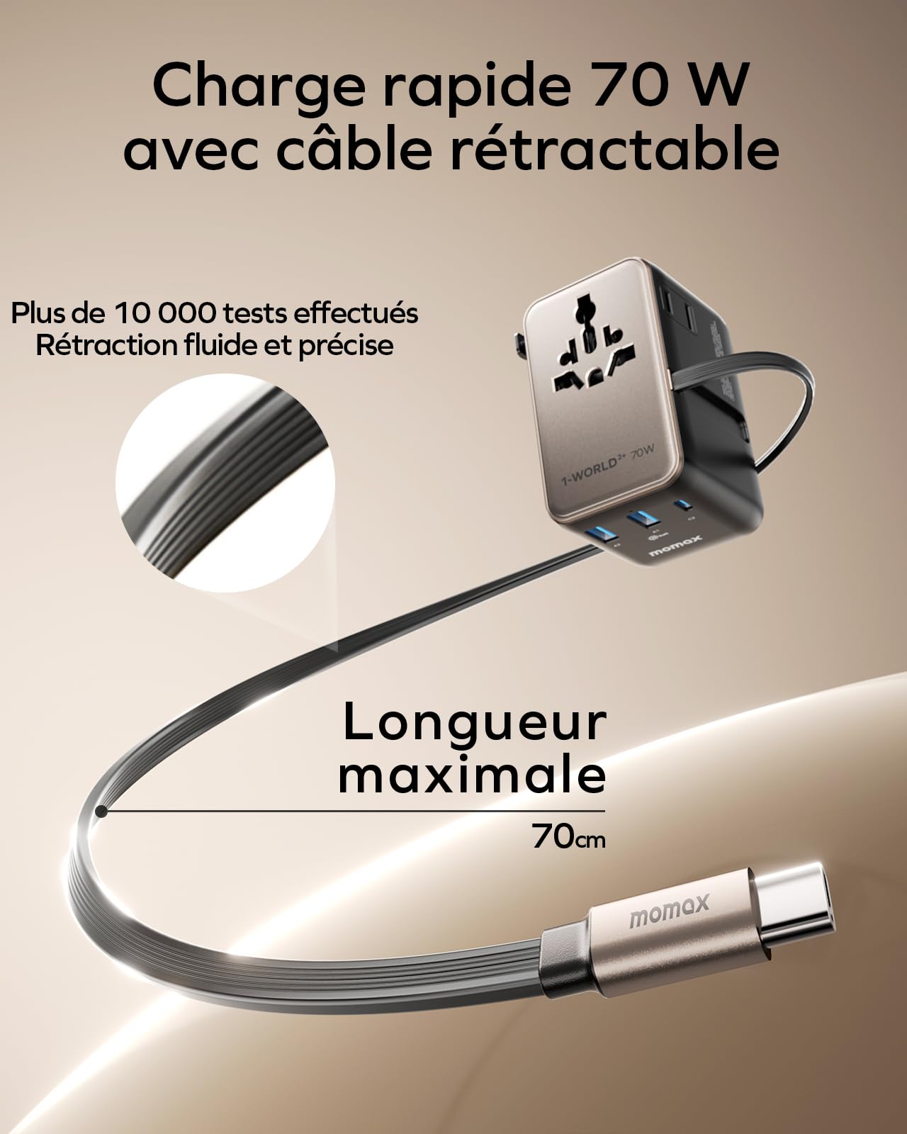 MOMAX Adaptateur de Voyage 70 W avec Câble Extensible, Compatible avec Le Monde Entier, Doté de 2 Prises Secteur, 2 Prises USB-A et 2 Prises USB-C. Adaptateur de Voyage International - Titane