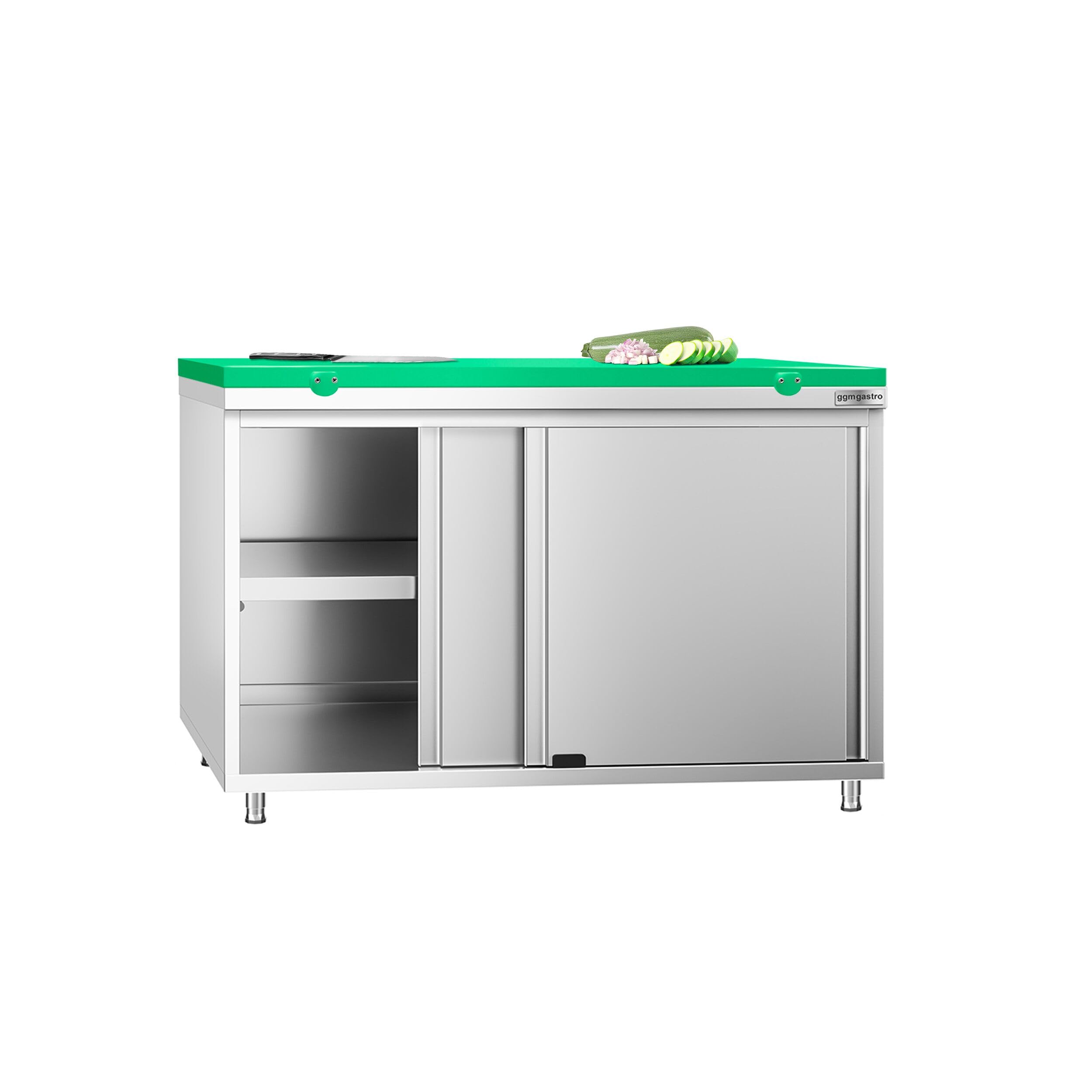 GGM Gastro | ASK126#FKPWT126 | Edelstahl Arbeitsschrank PREMIUM - 1200x600mm - mit Schiebetür - inkl. Schneideplatte Grün