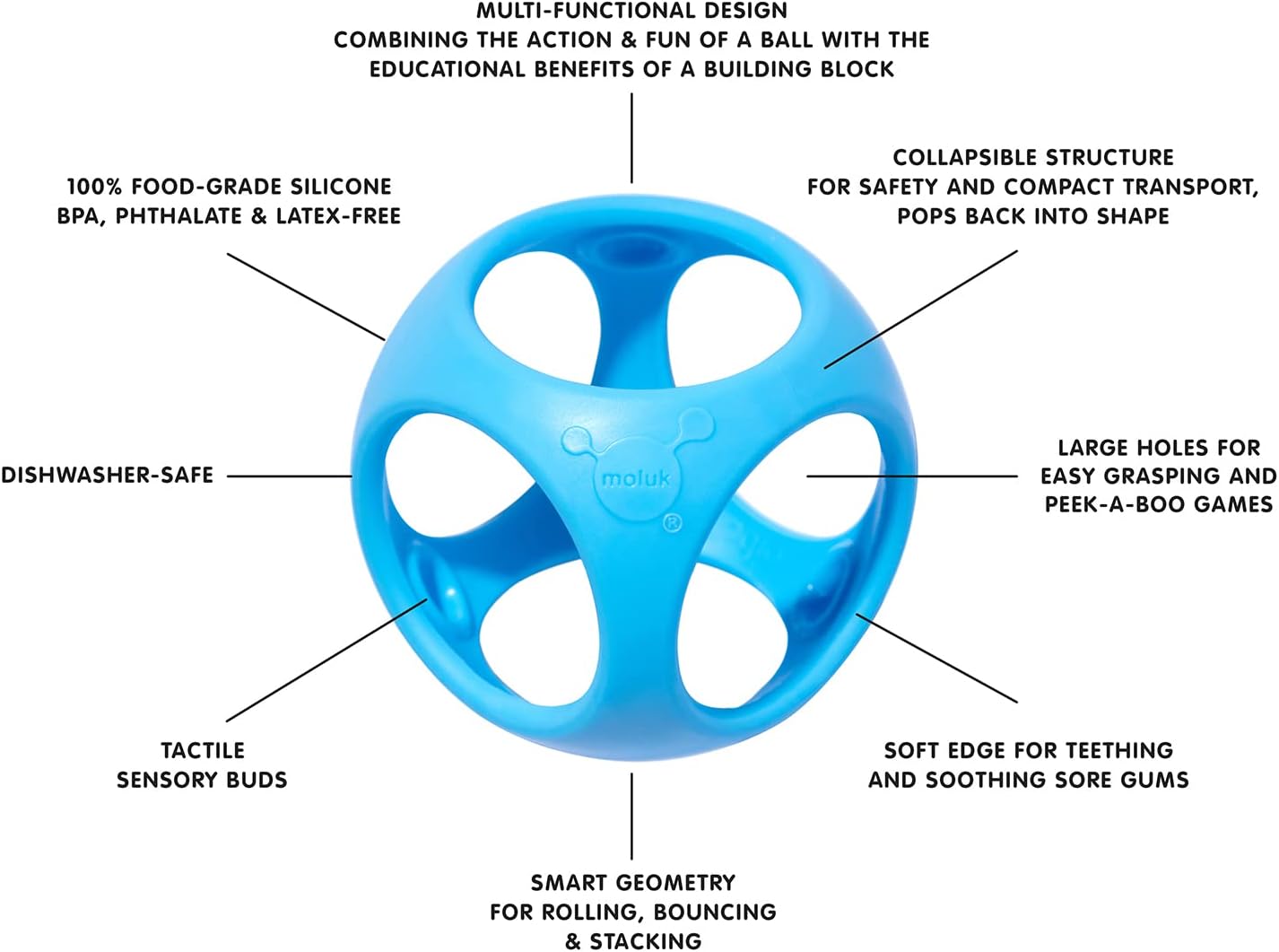 Moluk 43422 Oibo Grabbing and Teething Toy, Play Ball, Stacking Game, Baby Toy from 0+ Months, Blue