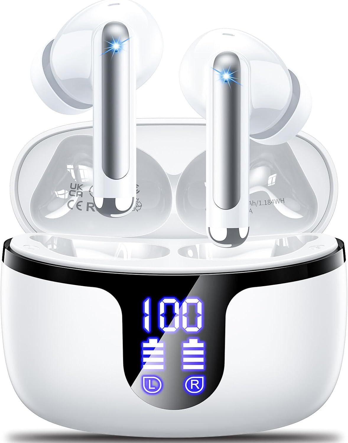 Wireless Earbuds Bluetooth 5.3 Headphones in Ear with 4 ENC Noise Cancelling Mic 2025 New Ear buds 42h Playtime HiFi Stereo Deep Bass Earphones IP6 Waterproof LED Display Bluetooth Earbuds USB-C White