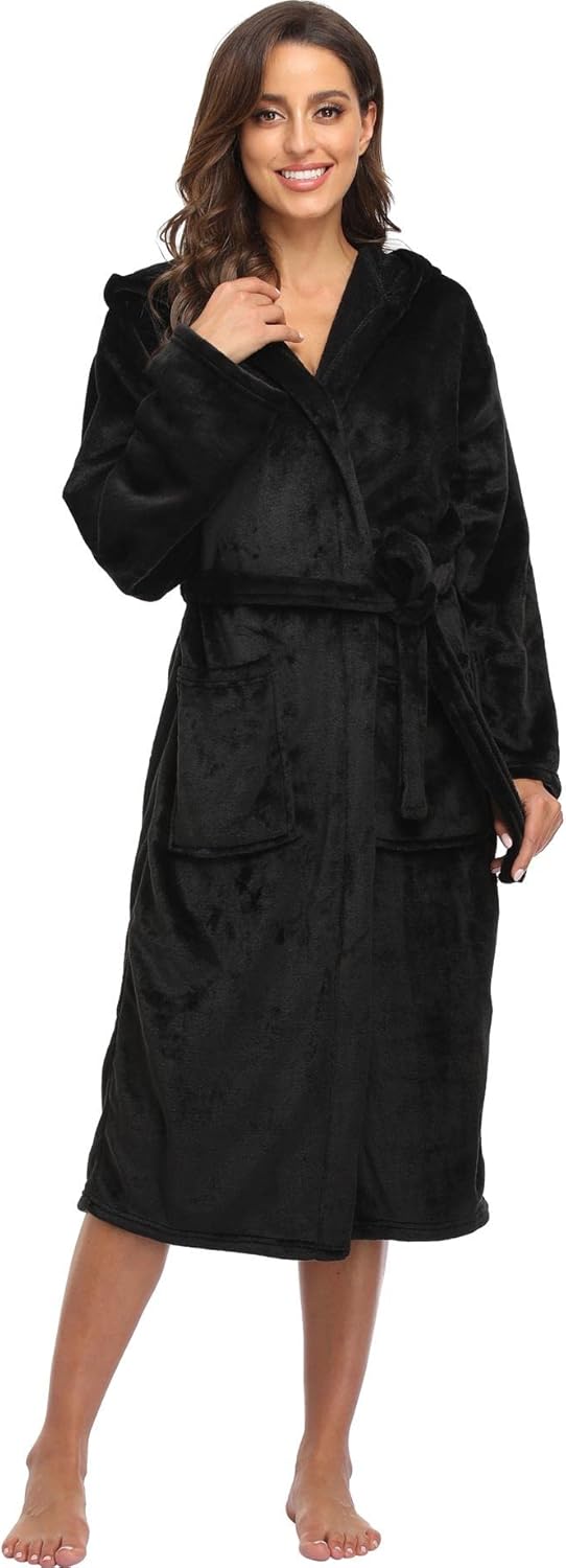 season dressing Women’s Plush Fleece Robe Cozy Warm Soft Bathrobe Long Hooded House Coat Winter Shower Spa Robe with Pockets - Image 4