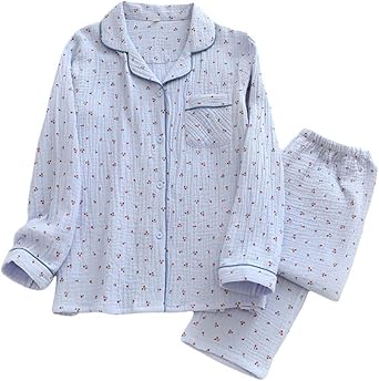 codcm Womens Cotton Gauze Pajama Set Long Sleeve Button Up Shirt and Pants 2 Piece Cute Printed Pj Set