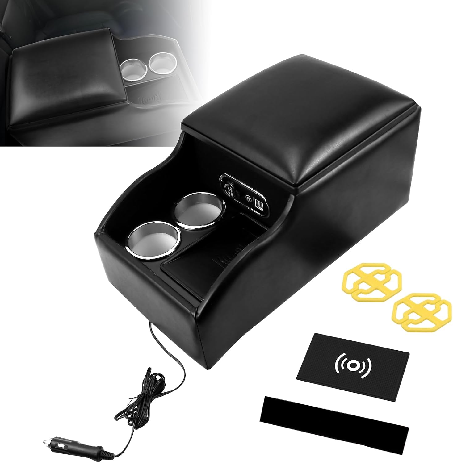 Center Console Armrest Organizer with Flat Wireless Charging Phone Pad & Cup Holders, Multifunctional Car Armrest Storage Box for Car, Van, Truck, Floor Cab, Back Bench Seat – Black