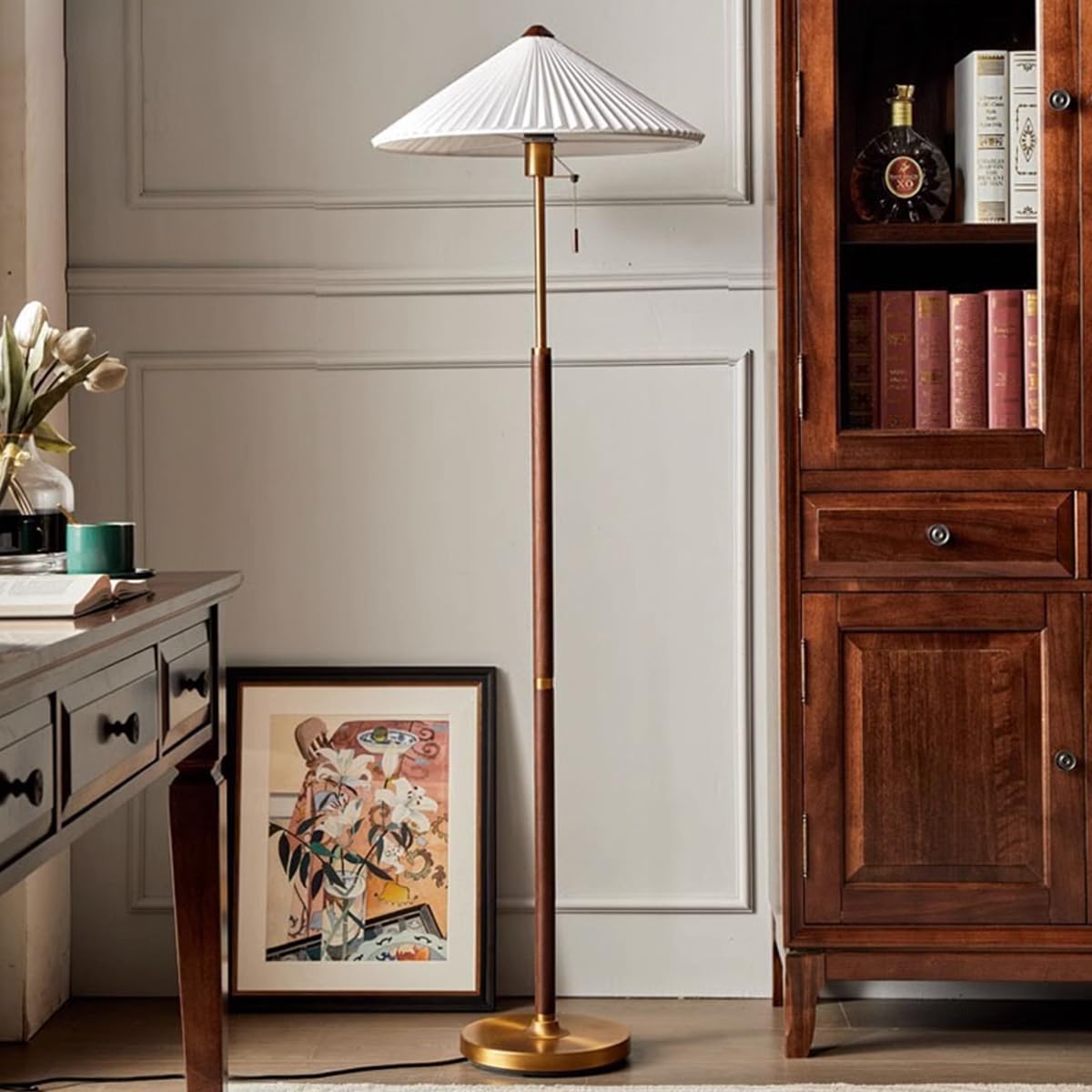 KlkrzJwy Pleated Fabric Floor Lamp Pull Chain Switch Standing Lamp Rust-proof Iron Art Floor Lamps Bedside Atmosphere Tall Light Elegant Restaurant Vertical Lamp With E27 Base for Bedroom Office