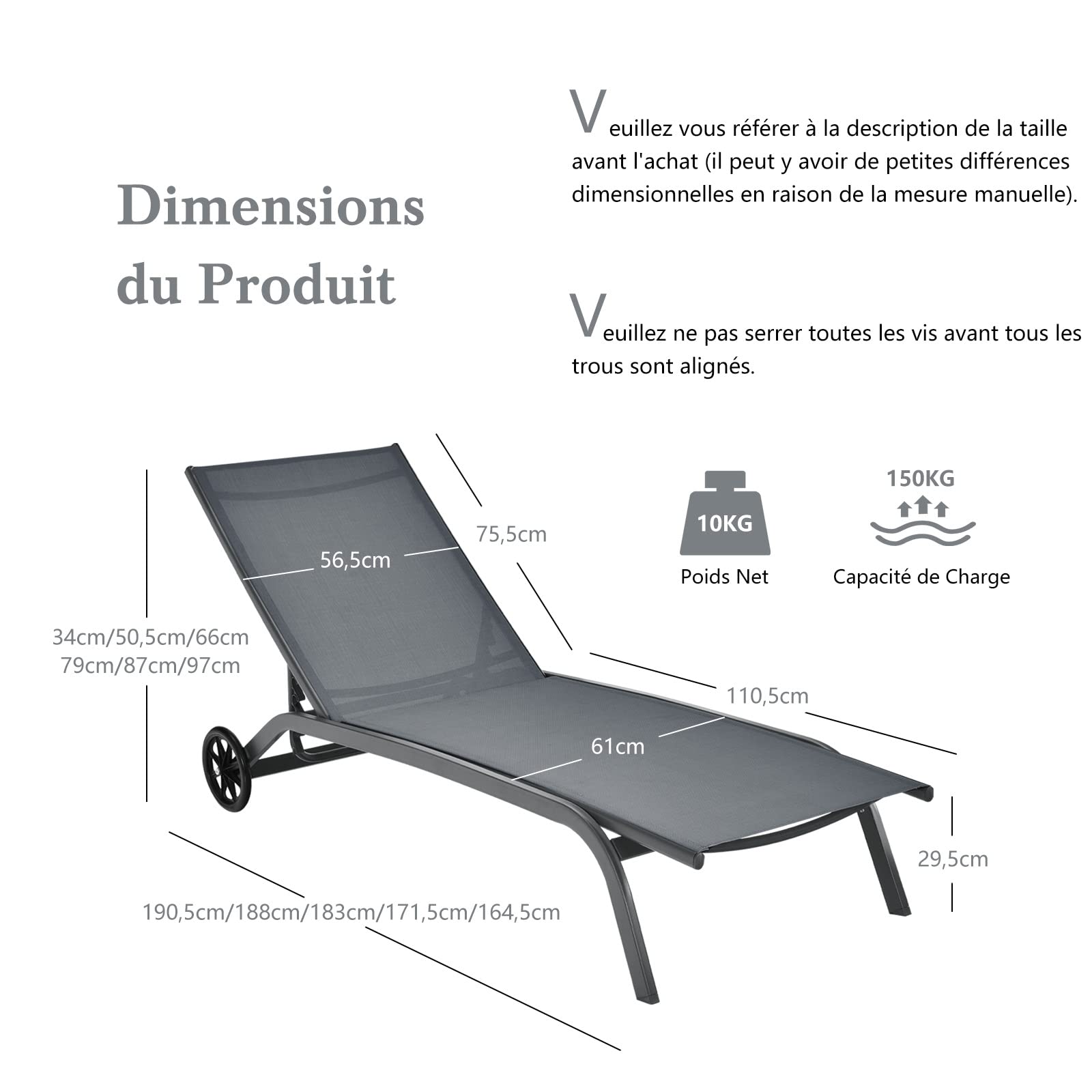 GOPLUS Transat Jardin Exterieur avec Dossier Réglable en 6 Positions, 191 x 187 x 35,5 CM, Bain de Soleil en Textilène Durable avec 2 Roue, Charge 150 KG, pour Piscine, Terrasse (1, Gris)