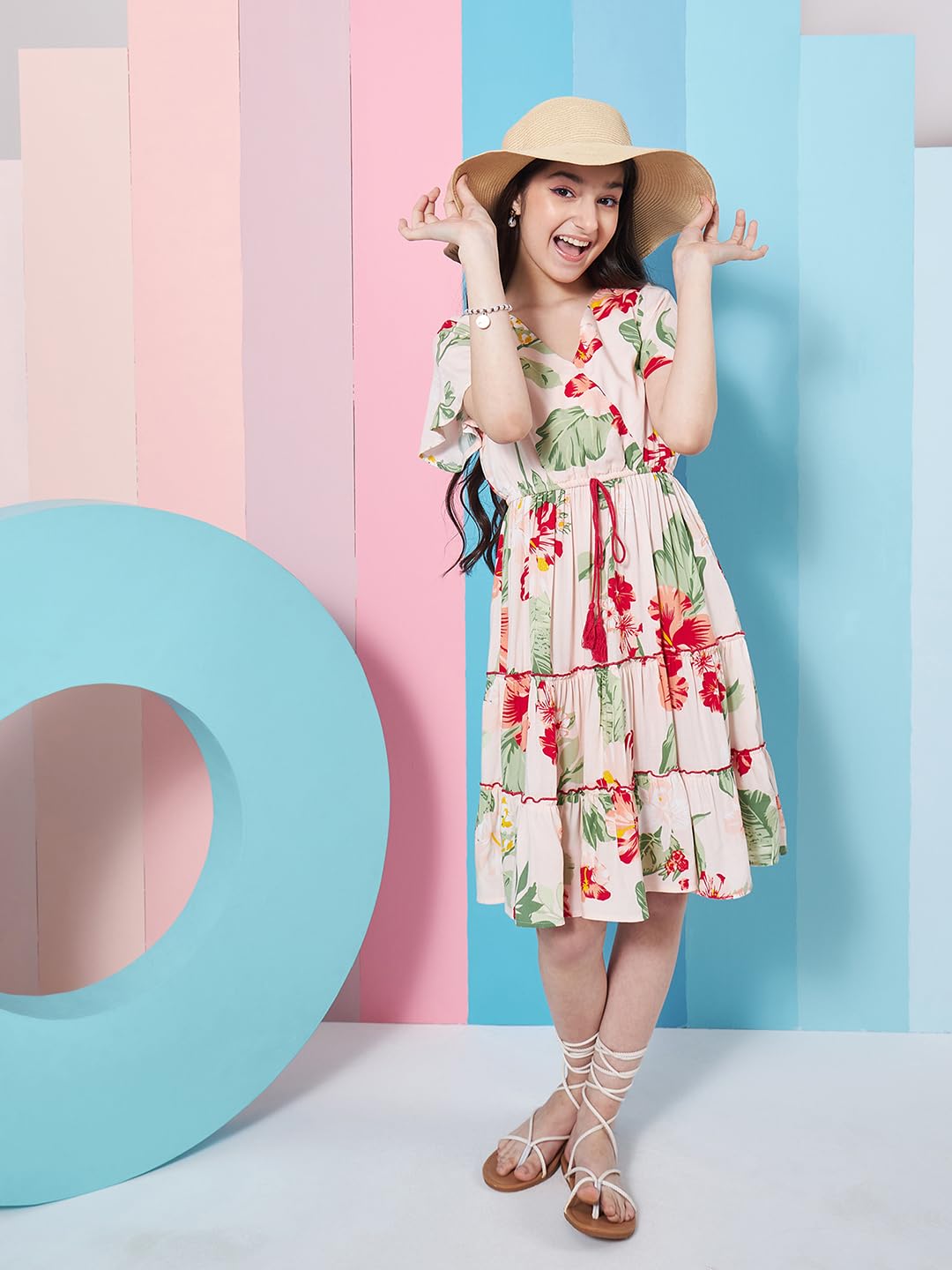 Pspeaches Vestido de manga acampanada con estampado floral para niña, ajuste escalonado y acampanado, ropa casual, elegante y a la moda