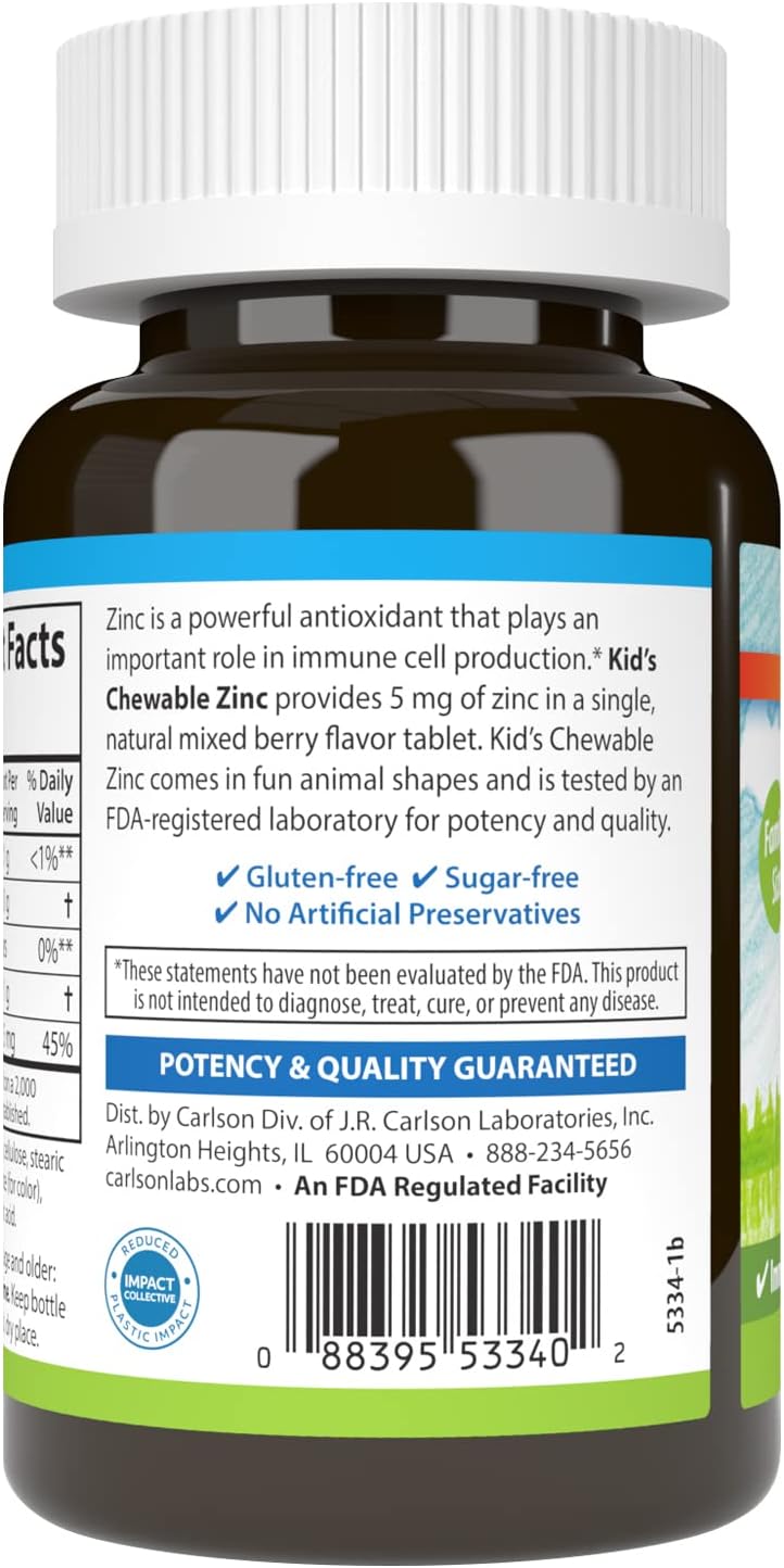 Carlson - Kid's Chewable Zinc, 5 mg, Health Support, Natural Mixed Berry Flavor, 160 Tablets - Image 3