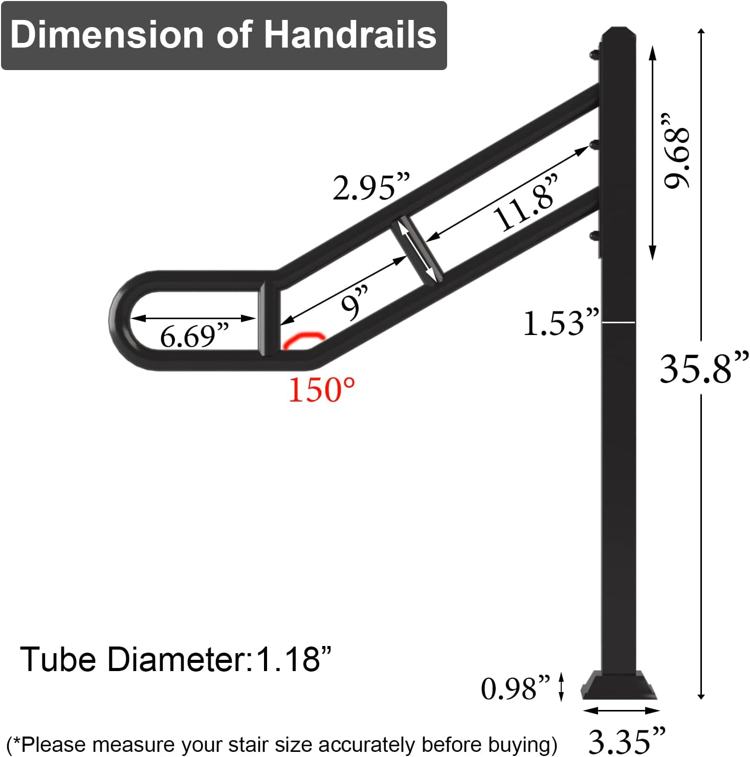 Single Post Handrail for Outdoor 1-3 Steps, Metal Hand Rails for Outdoor Steps, Floor Mounted Wrought Iron Stair Railing, U-Shaped Post Grab Rails with 2 Anti-Skid Crossbar for Garage, 32”L x 35.8" H