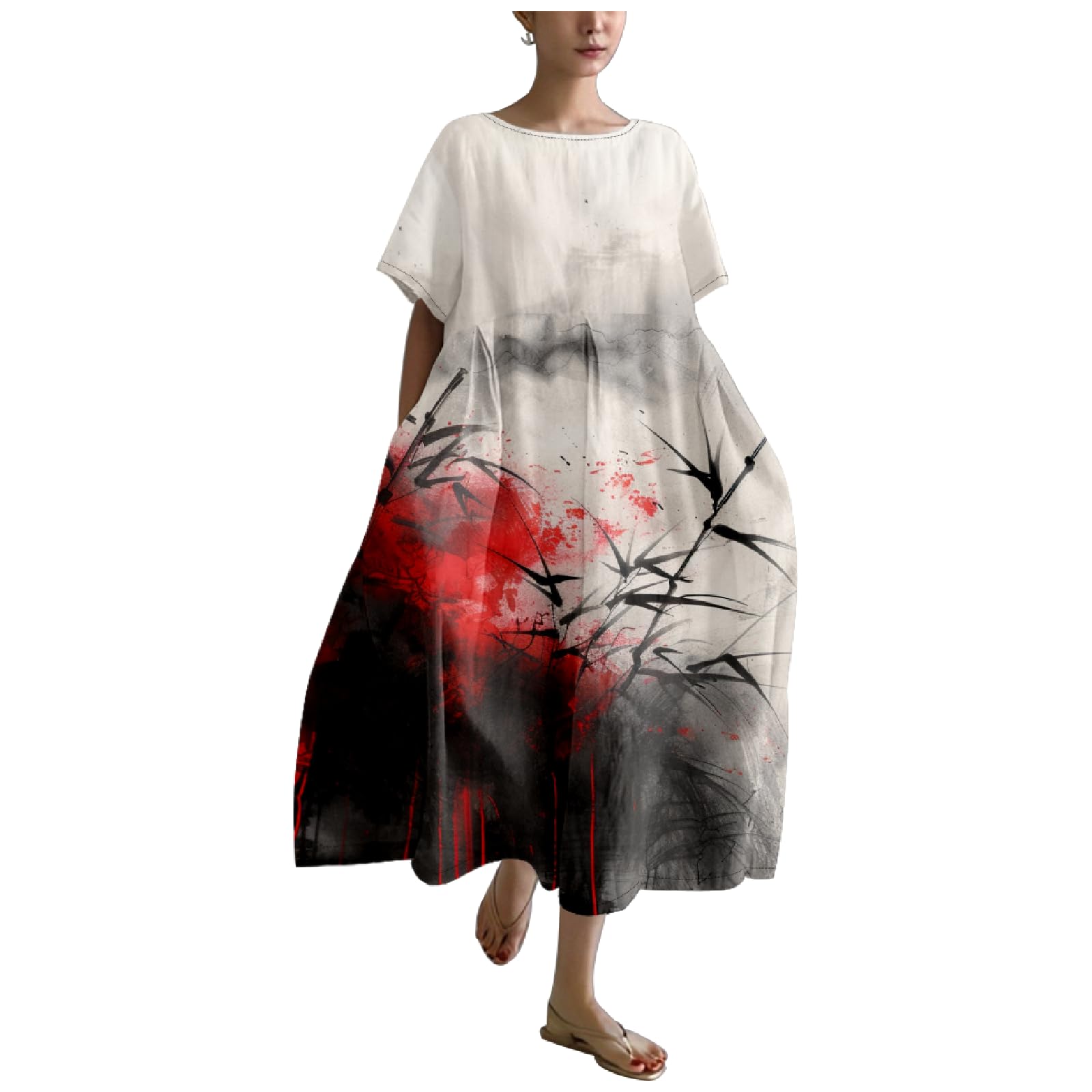 MARSVOVO Novelty Japanese Art Style Print Dress for Women Plus Size Short Sleeve Crewneck A-line Women Dress