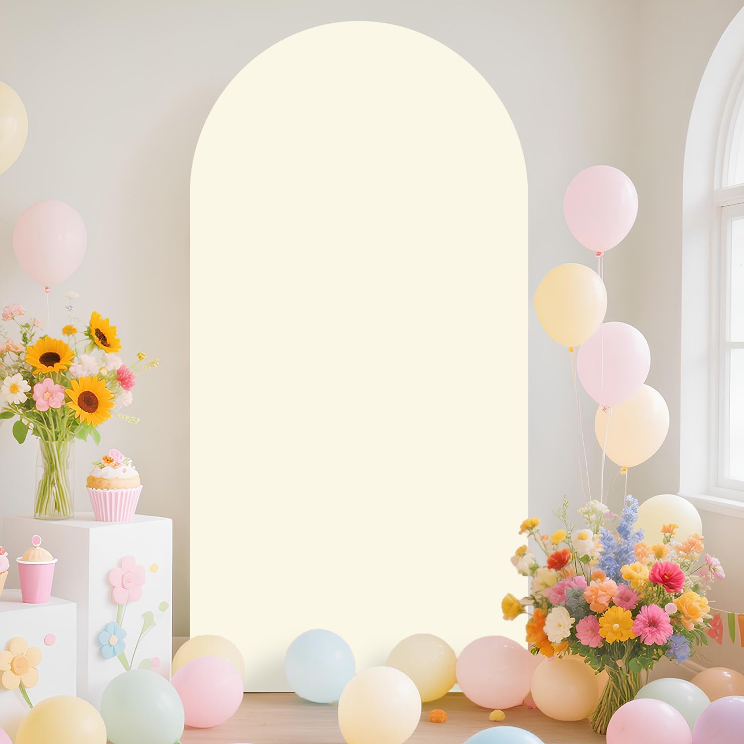 7.2ft Arch Backdrop Stand and Cover Set Gold Metal Arch Stand and Ivory Arch Backdrop Cover Wedding Arch Frame Chiara Arched Covers for Wedding Banquet Baby Shower Event Decor