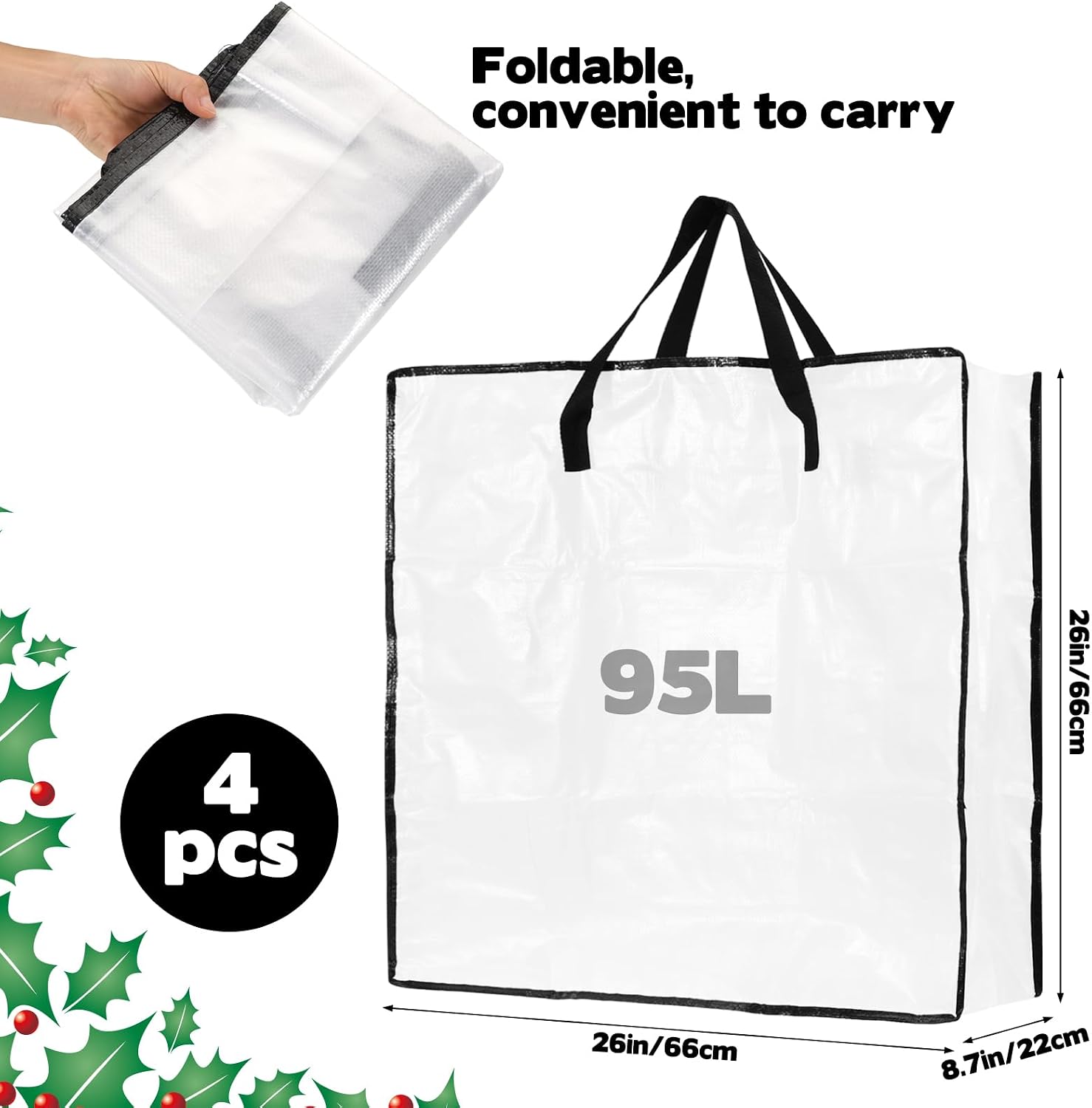 4 Piece Clear Christmas Wreath Storage Container, Large Square Gift Bag Storage Organizer Garland Container Moving Bags for Xmas Seasonal Wreath Clothes Storage