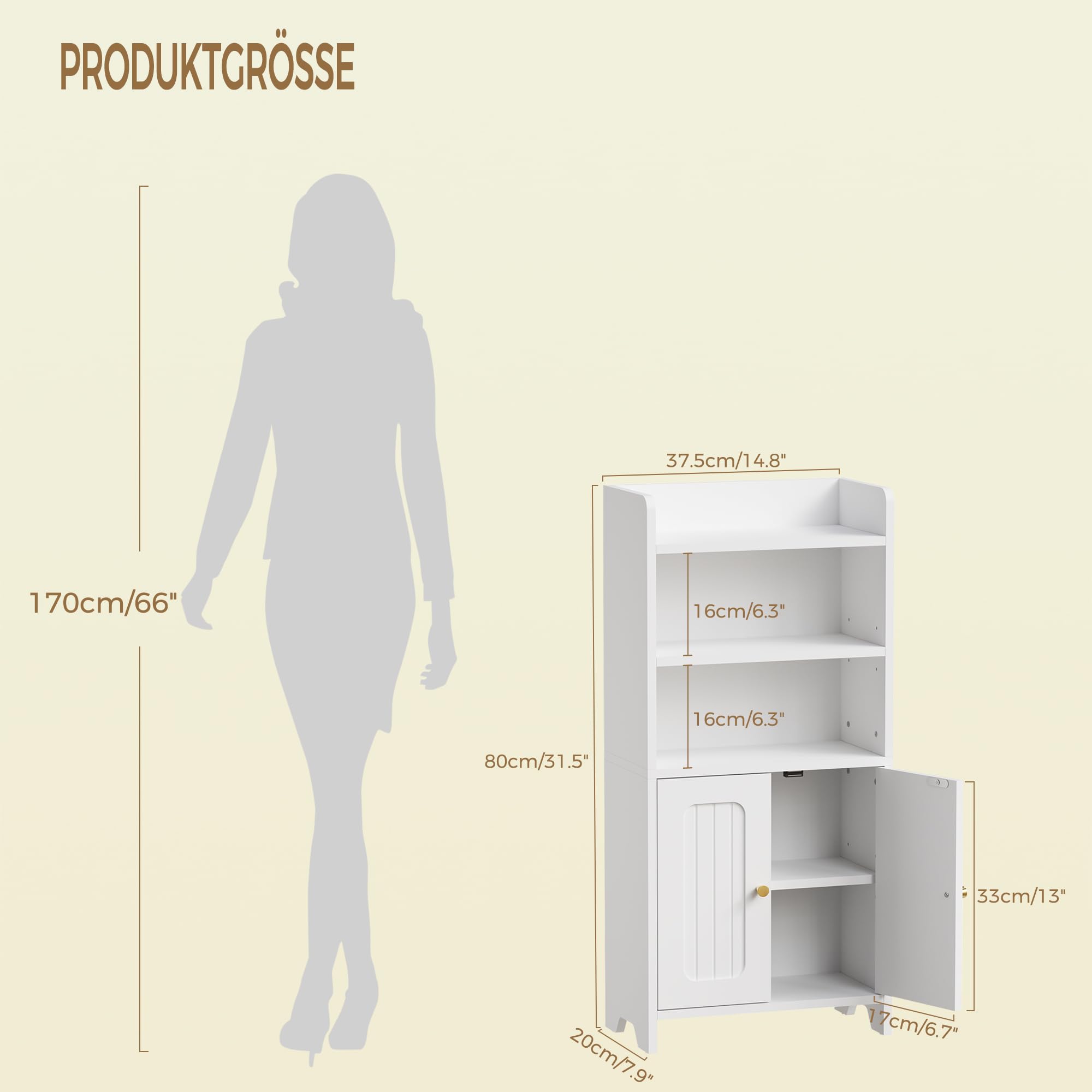 BEWISHOME Badezimmerschrank, Kleiner Standschrank, Toilettenpapierhalter mit 2 Türen und Einlegeböden, Badezimmer Schrank für kleine Räume, weiß, 20 x 37 x 80 cm, EYYG08W