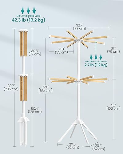 Miniatura 6 de SONGMICS Tendedero de 2 niveles, con varillas de bambú para colgar, estante plegable de metal para lavandería, ahorro de espacio, aireador
