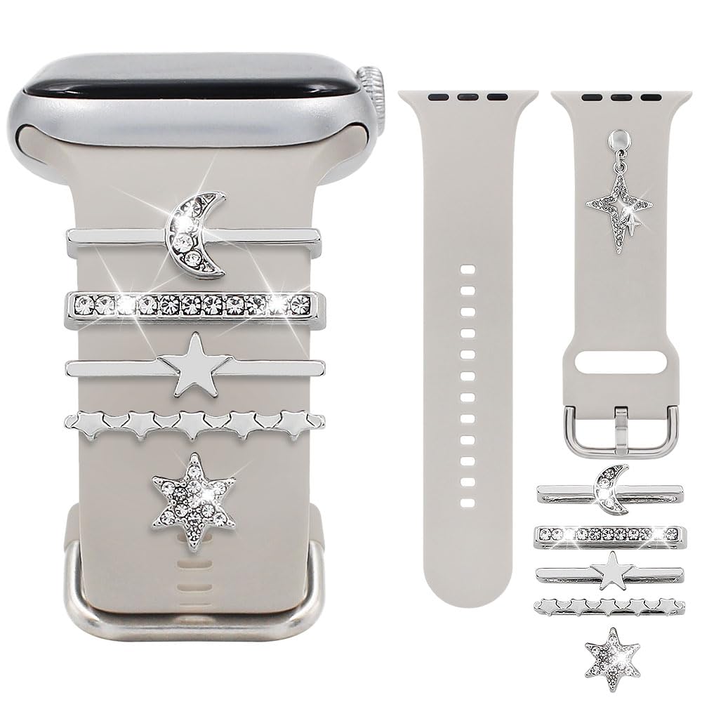 Silicone Band Compatible with Apple Watch Bands Women 38 40 41 42 44 45 46 49mm,Wristband With Decorative Rings Stud Charms Pendants for iWatch Series