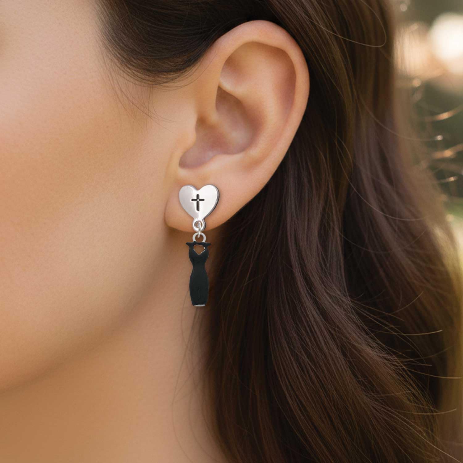 Delight Jewelry Little Black Dress Silvertone Cross in Heart Post Dangle Earrings
