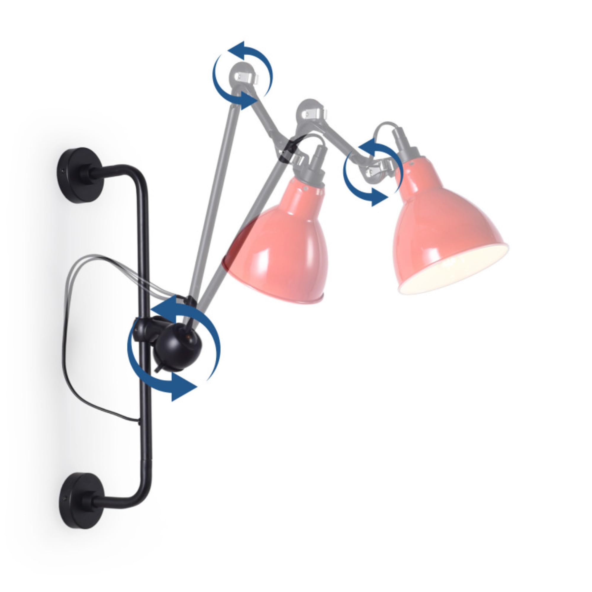 BARCRLONA LED Aplique de pared articulado industrial RUBY 210 con enchufe E27, lámpara de pared orientable 360°, brazo ajustable estilo loft para dormitorio, estudio, oficina, salón o restaurante