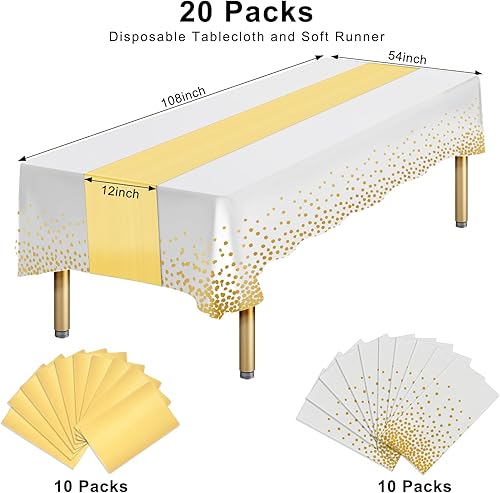 Miniatura 2 de Paquete de 20 manteles de plástico desechables y satinados, mantel desechable blanco rectangular y dorado para cumpleaños, baby shower, aniversario,