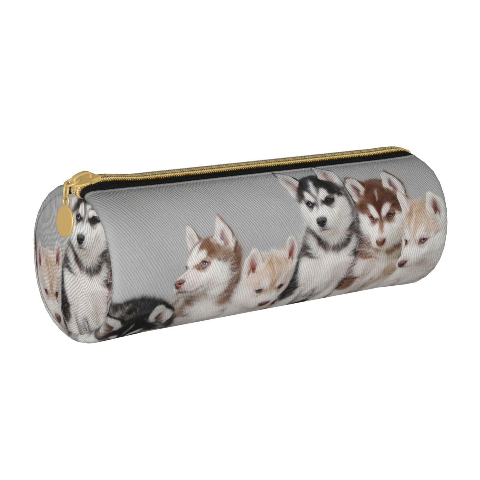 AABSTBFM Lovely Husky Printed Round Pencil Case Cute Leather Zipper Pen Pencil Pouch Bag for School, Office, and Travel