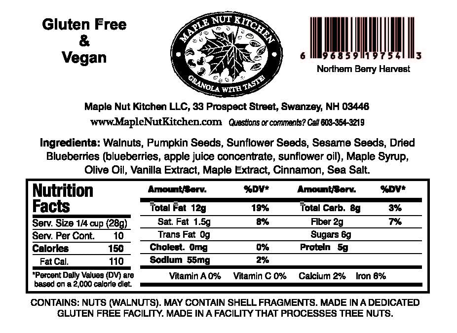 Image of Maple Nut Kitchen Northern Berry Harvest Granola 10 oz - Grain-Free with Walnuts, Seeds, Blueberries & Vanilla | Paleo, Low Carb, No Sugar Added, Oat-Free, Organic, Clean & Healthy Cereal