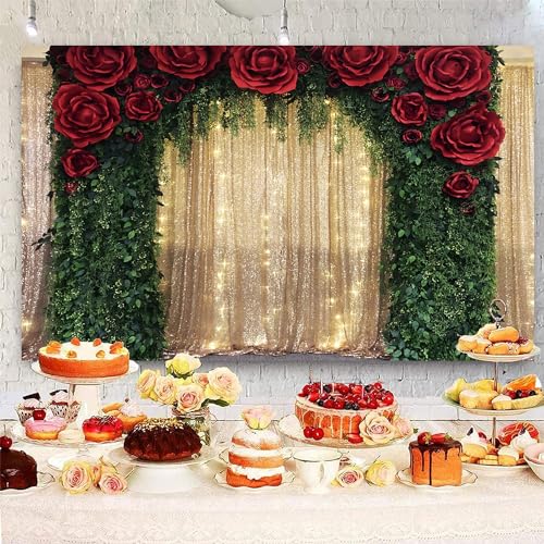Fondo fotográfico rojo con rosas y lentejuelas 7x5ft miniatura 4