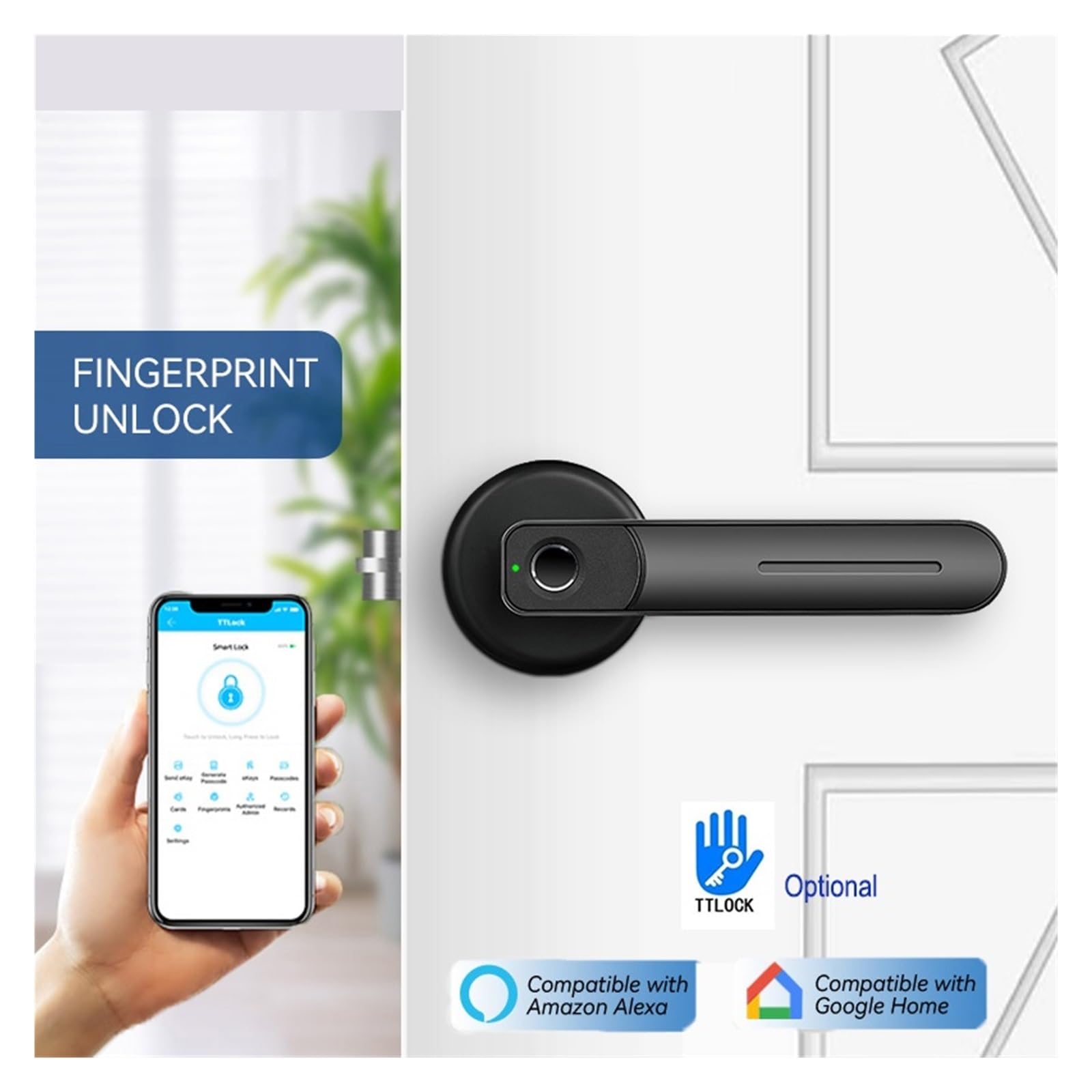 Zamek biometryczny Ttlock Bluetooth z czytnikiem linii papilarnych, ładowany przez USB, antykradzieżowy, bezkluczykowy, inteligentny dom(Silver on App)