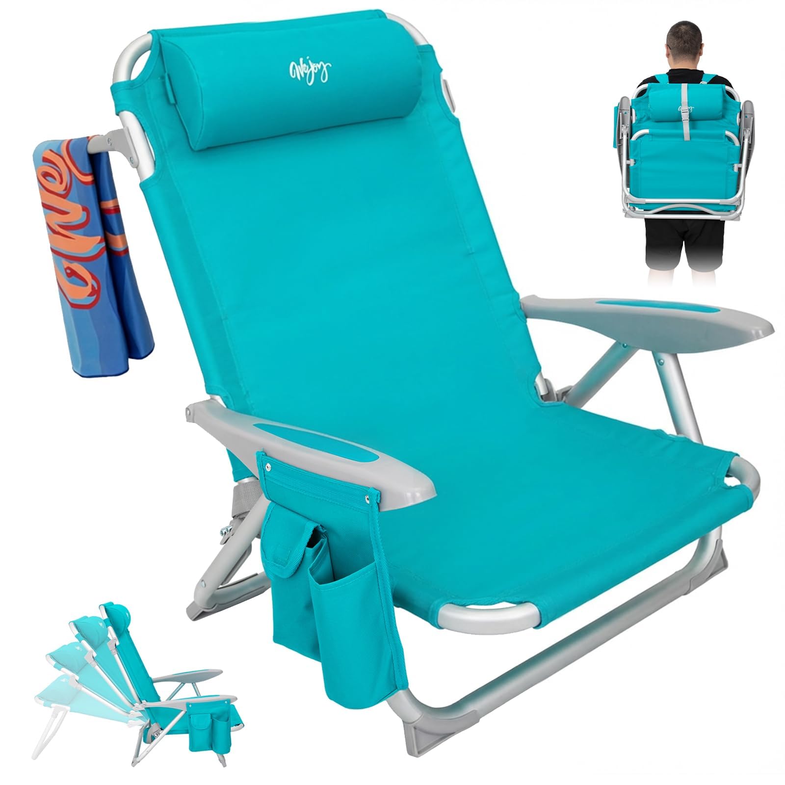 #WEJOY Beach Chairs Low Folding Lightweight,4-Position Adjustable Beach Chair with Cup Holder,Aluminium Reclining Garden Chair with Heavy Duty Supports 180kg for Camping,Seaside & Outdoor Relaxing