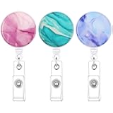 BESARME 3 Pack Badge Reels Retractable Badge Clip with Key Ring Retractable Badge Holders for Office Worker Teacher Nurse Student（Marble）