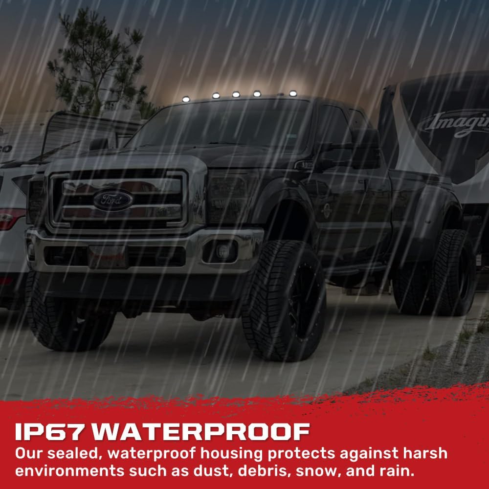 Ford Super Duty truck in the rain, illustrating IP67 waterproof feature of RECON cab lights.