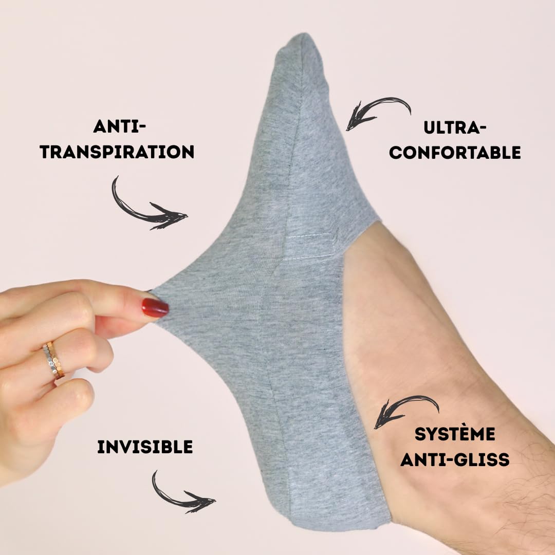SOKA One :Les chaussettes invisibles qui tiennent en place Hommes Femmes - 5 Paires Coton Élastique 38-44 - Chaussettes Courtes Respirantes Antidérapantes pour Mocassins et Baskets