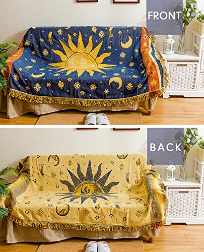 Maynest Sun And Moon Stars Hippie Throw Blanket Celestial Tapestry Double-Sided Reversible Woven Cotton Home Decor Bedding Chair Couch Recliner Cover Loveseat Rug Oversized Tassels Blue Yellow (71X51) #TOP1