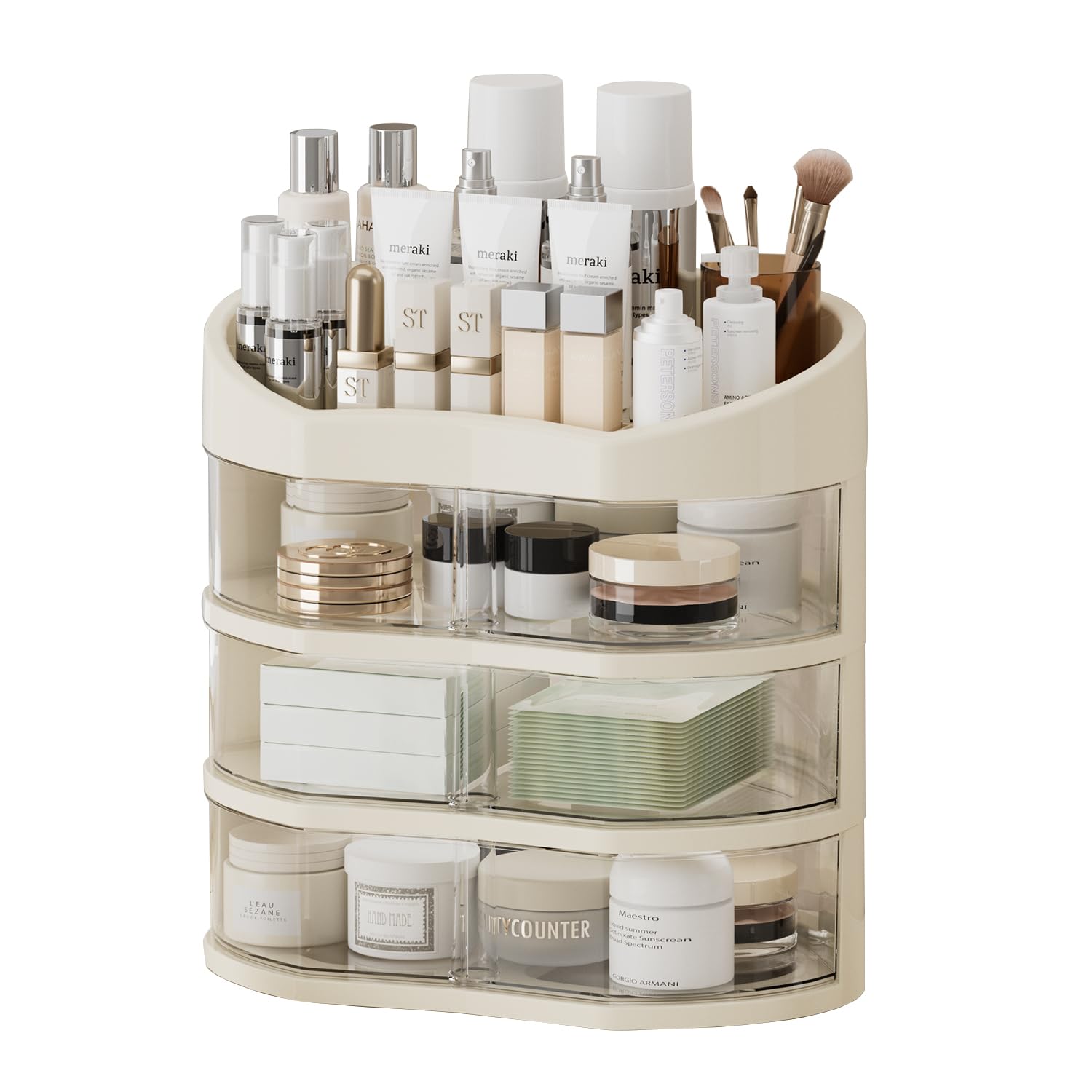 UFORU Makeup Organizer for Vanity, Countertop Organizer with 360° Rotating Drawer, Spacious Cosmetic Display Case for Beauty Essential, Skincare,Lipstick, 3 Drawers