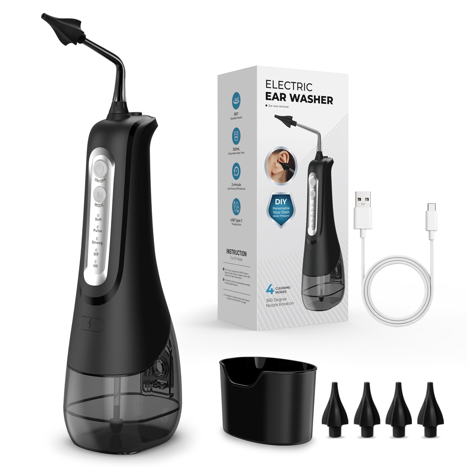 Bkseeq 4-Customizable Modes Electric Waterproof Ear Wax Removal Tool with 300ML Tank