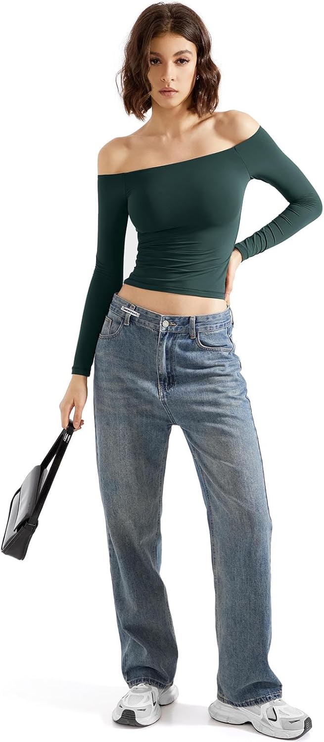 SUUKSESS Women Off Shoulder Double Lined Long Sleeve Shirts Basic Going Out Tops - Image 6