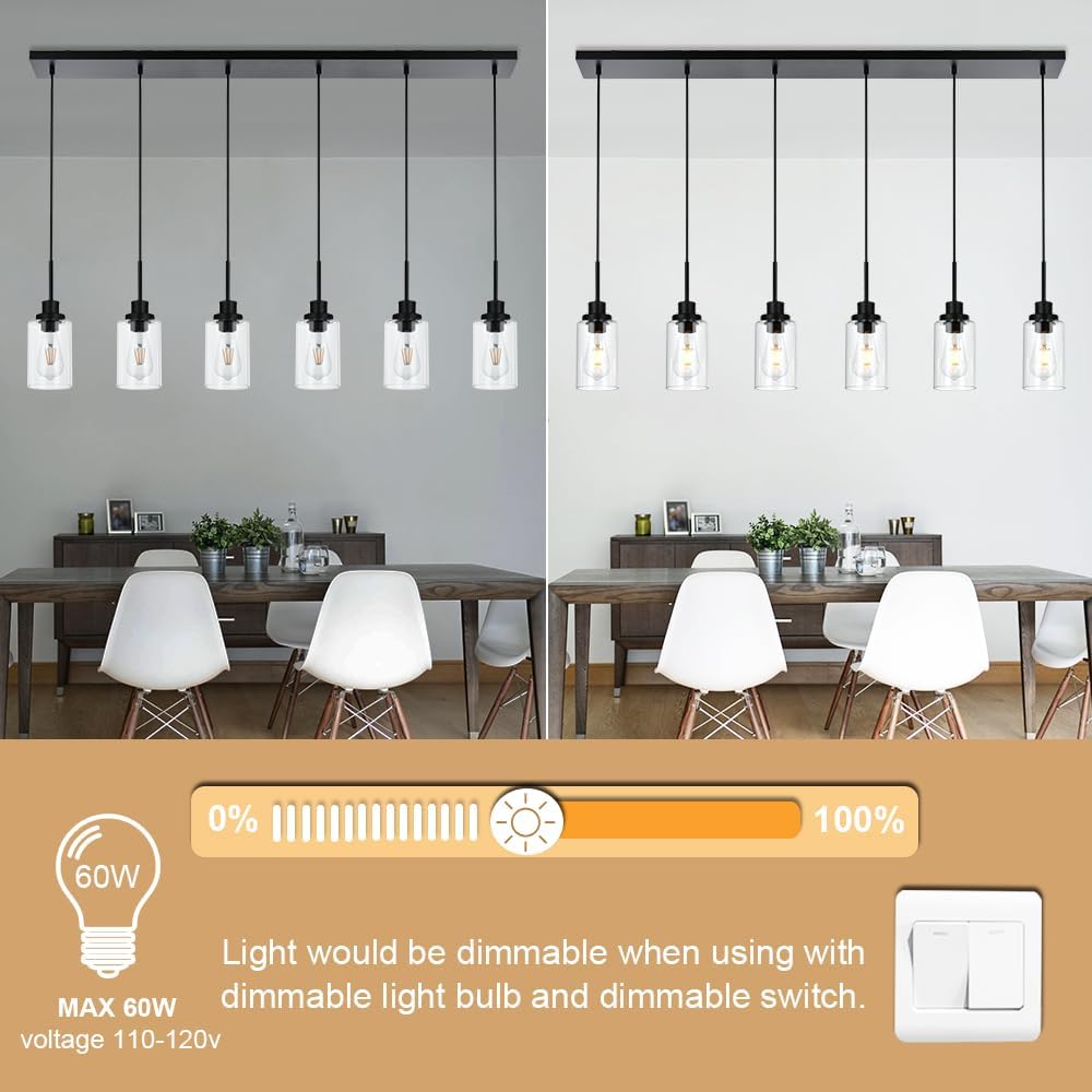 6-Lights Pendant Light Fixtures Ceiling, Modern Black Adjustable Hanging Lamp with Clear Glass Shades, Dining Room Kitchen Island Lighting E26 Bulb Base