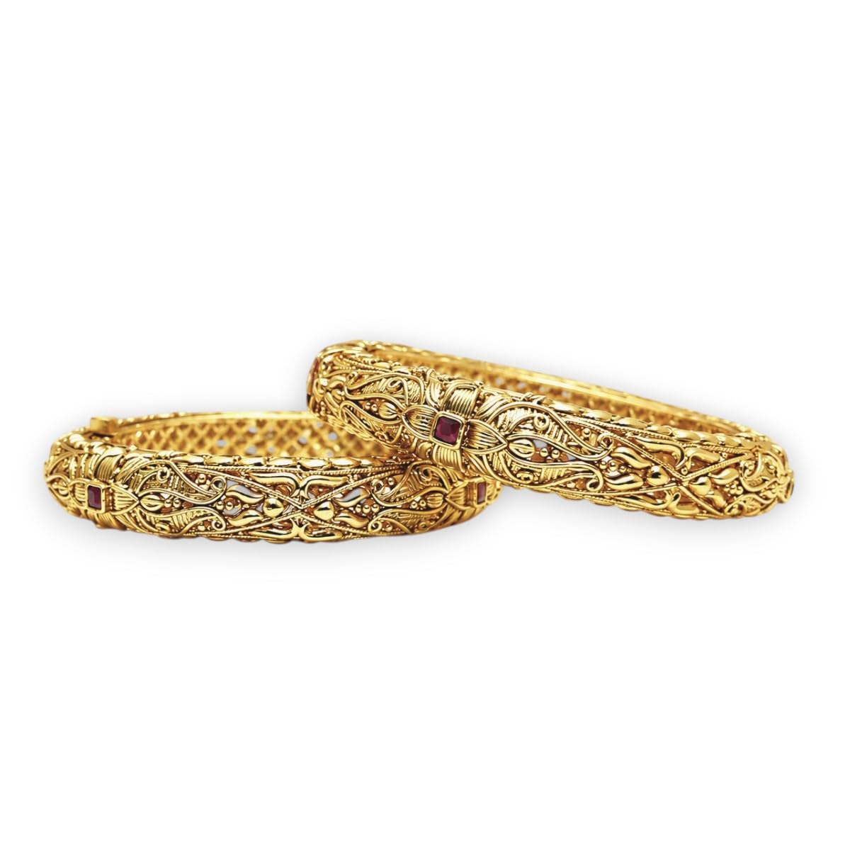 accessher Traditional Gold Plated Studded Stone Textured Handcrafted Bangles | Latest Stylish Traditional Kada Bangles for Women and Girls (Set of 2)-picture-10