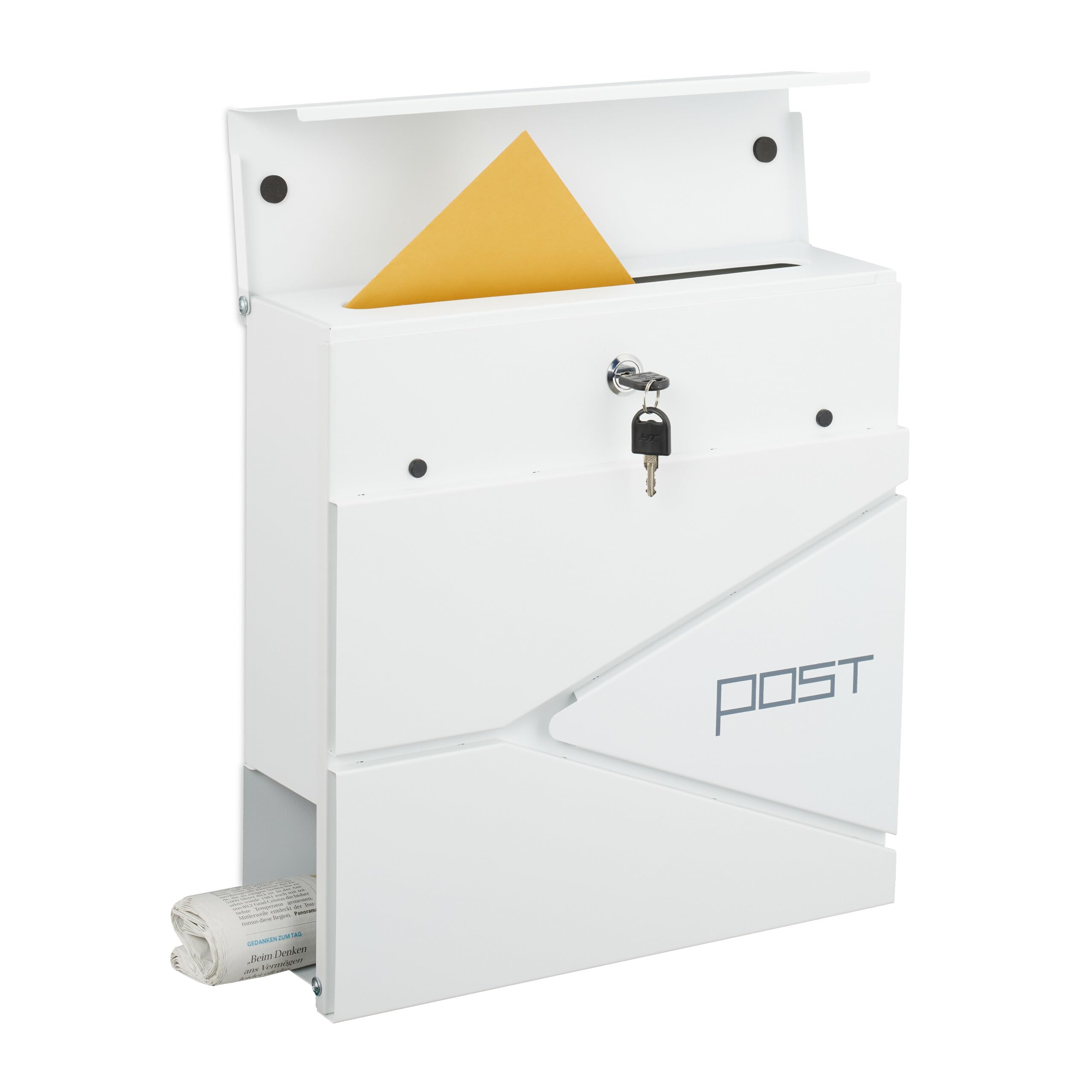 Relaxdays White Mailbox With Modern Design, Metal, 4 Keys, With Newspaper Holder, Hxwxd: Approx. 38 X 37 X 12 Cm,